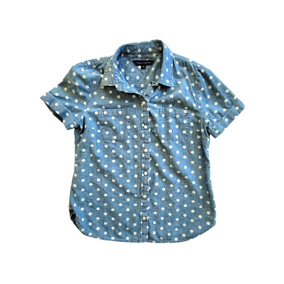 🌻 Tommy Hilfiger Polka Dot Short-Sleeved Button-Down Blouse Size Small - Picture 1 of 4